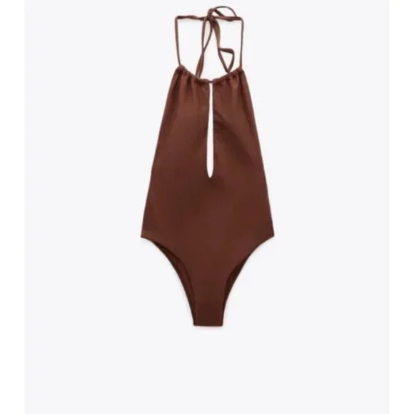 Zara Cut Halter Swimsuit Mocha Brown Sz S - Picture 3 of 5
